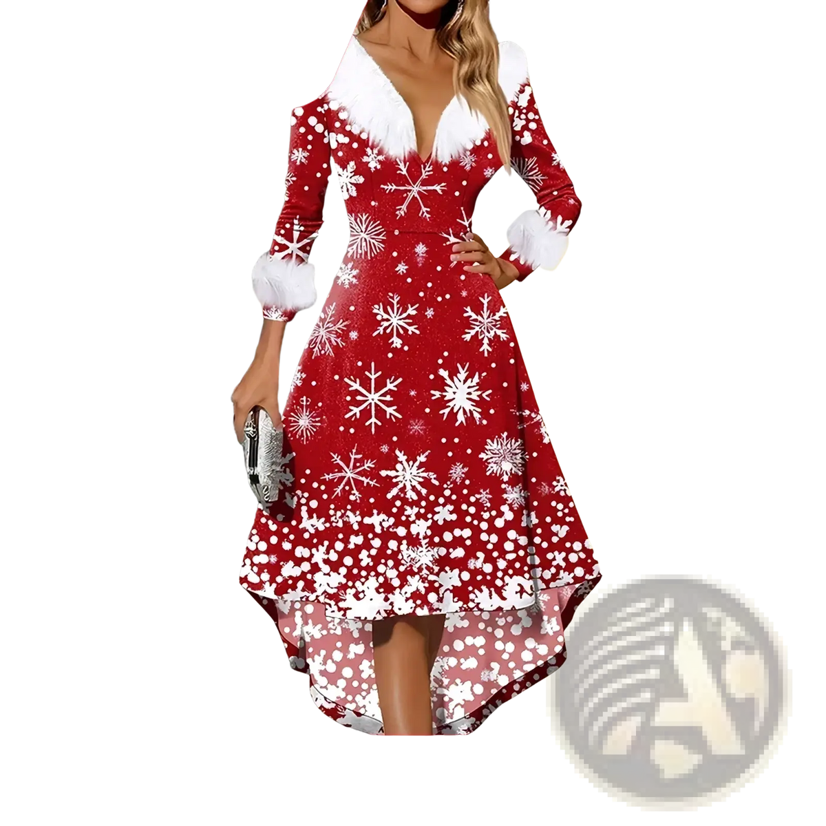 Women Christmas faux fur A-line dress in red with white snowflake patterns and high-low hemline trim at neckline and cuffs