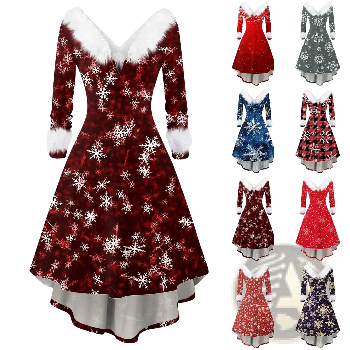 Women Christmas faux fur A-line dress in red with white snowflake pattern and faux fur trim at collar and cuffs
