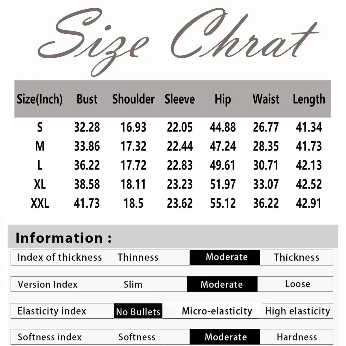 Size chart for women Christmas faux fur A-line dress showing moderate thickness slim-fit garment with no bullet elasticity