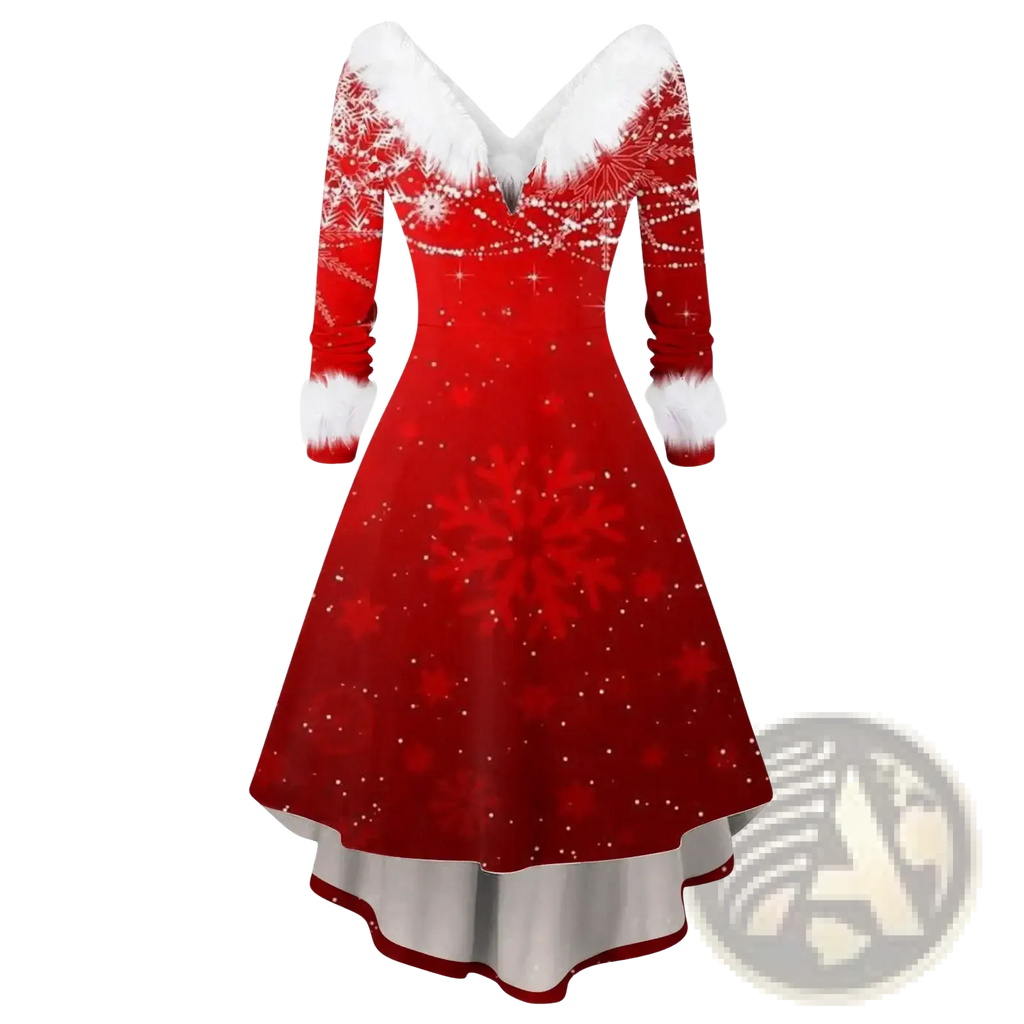 Women Christmas faux fur A-line dress in red with white fur trim and large sparkling snowflake print