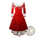 Women Christmas faux fur A-line dress in red with white fur trim and large sparkling snowflake print