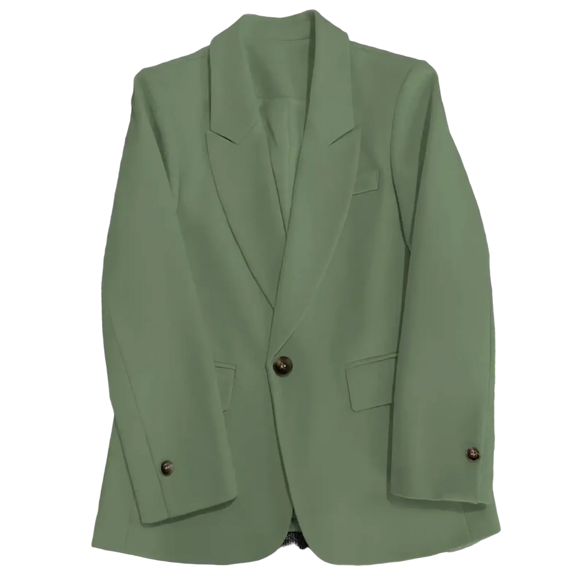 Women coffee blazer single button casual suit jacket in sleek olive green with dark brown buttons and structured fit