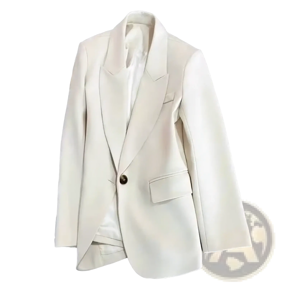 A sleek off-white women coffee blazer with single button closure and structured lapels for casual wear