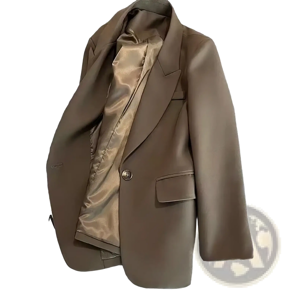 Women coffee blazer single button casual suit jacket structured olive brown with satin lined interior
