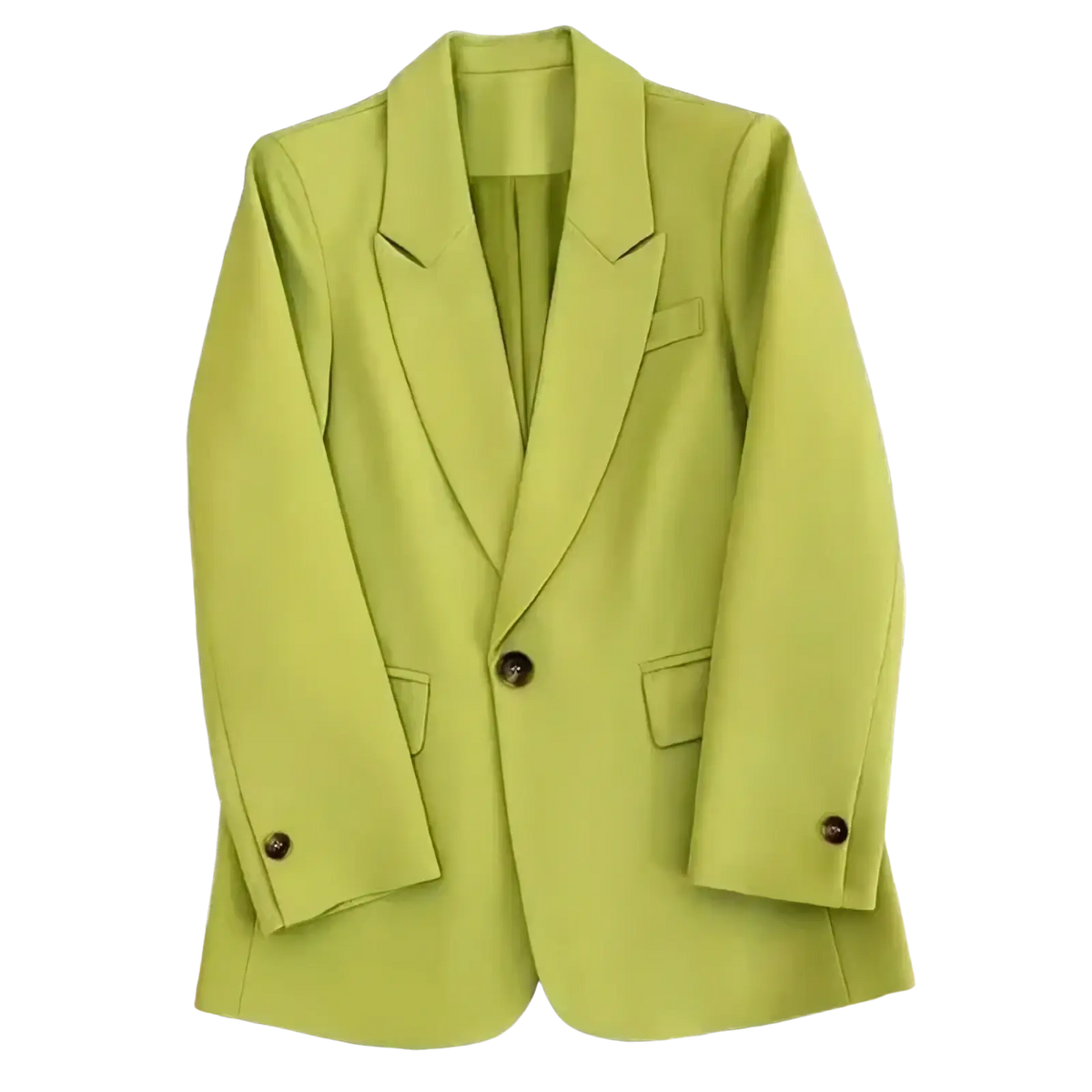 Women coffee blazer single button casual suit jacket in vibrant lime green with tailored fit and dark brown buttons
