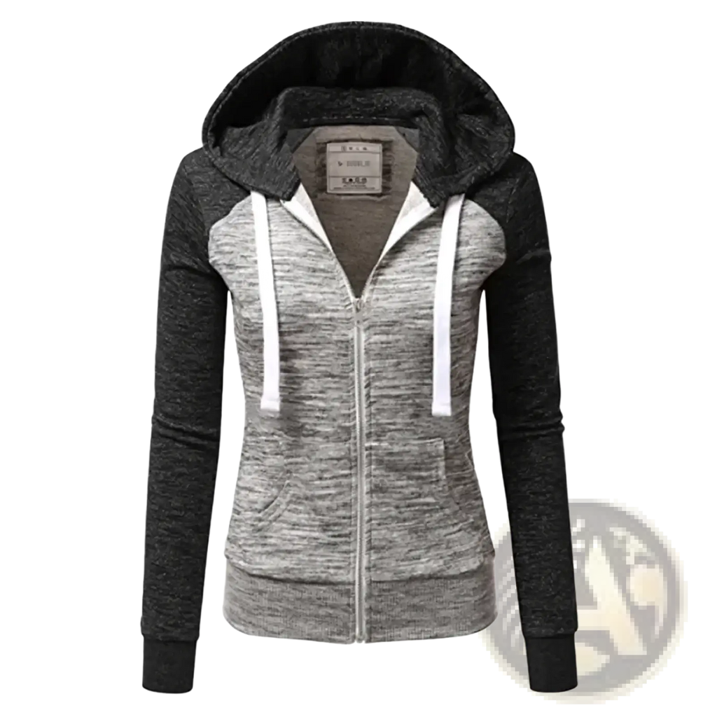 Women color block zip up hoodie in gray and black marled fabric with plush-lined hood white drawstrings and ribbed cuffs