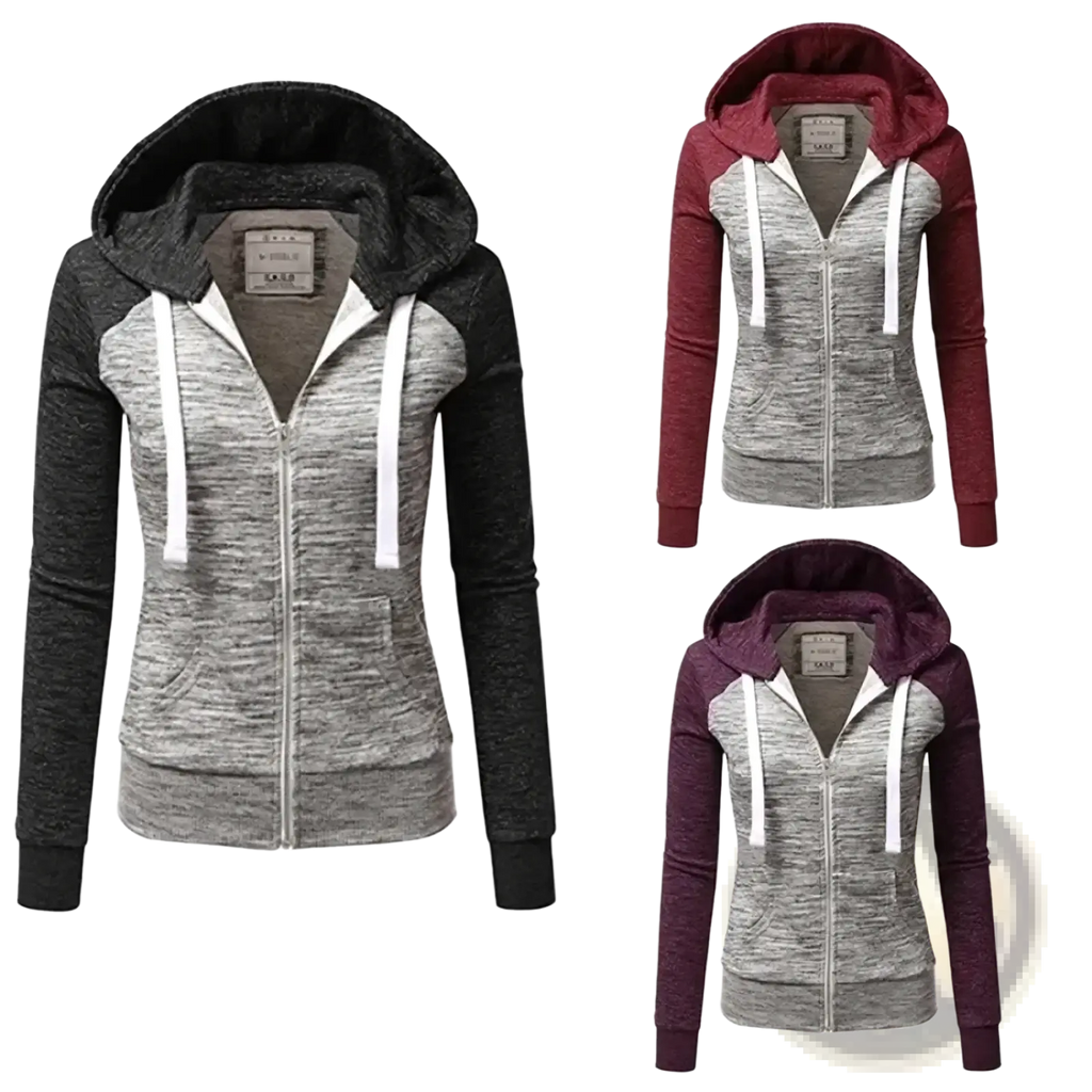 Women color block zip up hoodie in gray and black marled fabric with solid sleeves white drawstrings and hood lining
