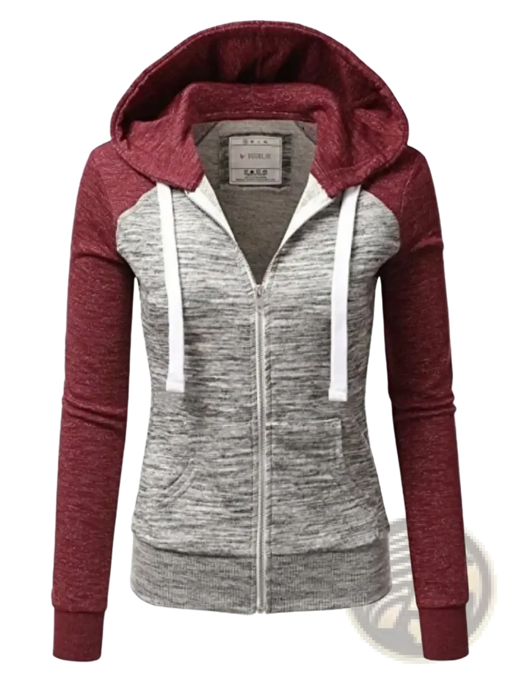 Women color block zip up hoodie in maroon and heather gray with white drawstrings for casual wear