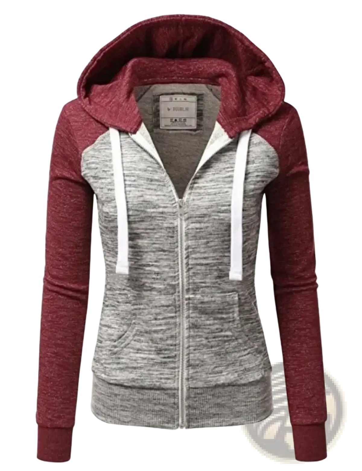 Women color block zip up hoodie in maroon and heather gray with white drawstrings for casual wear