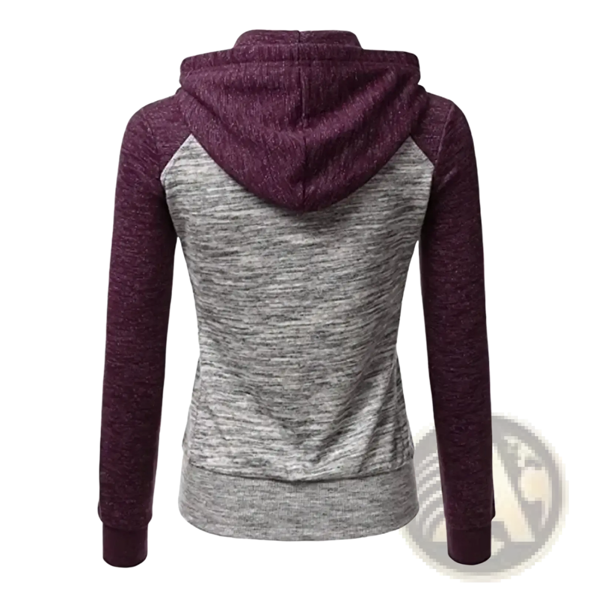 Women color block zip up hoodie with maroon and heather gray raglan sleeves and soft knit fabric