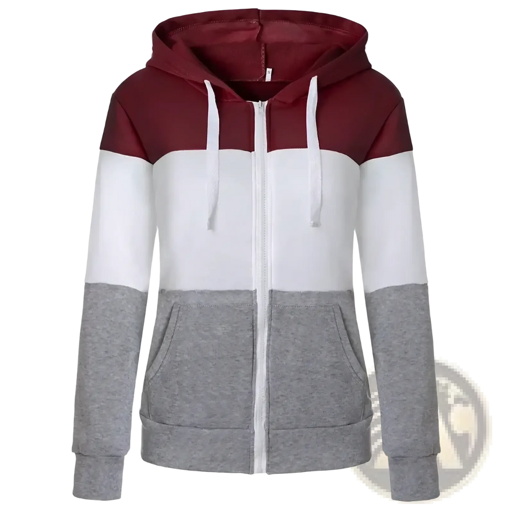 Women color block zip up hoodie in maroon white and heather gray with drawstrings for casual wear