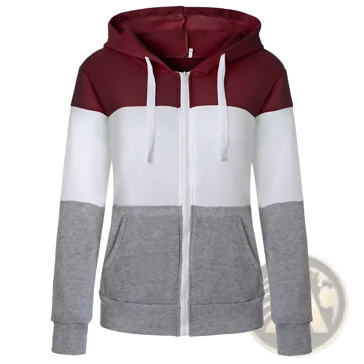 Women color block zip up hoodie in maroon white and heather gray with drawstrings for casual wear
