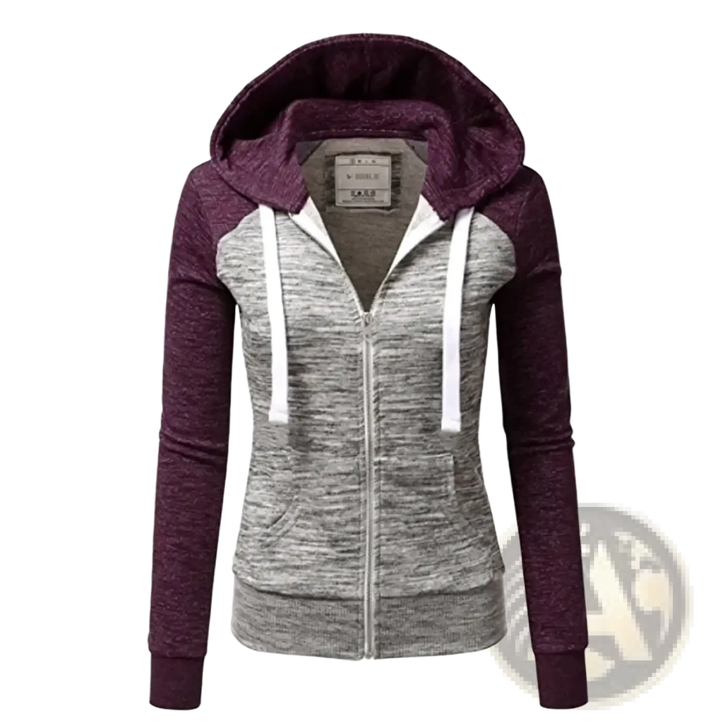 Women color block zip up hoodie in maroon and heather gray with white drawstrings and two-tone fabric design
