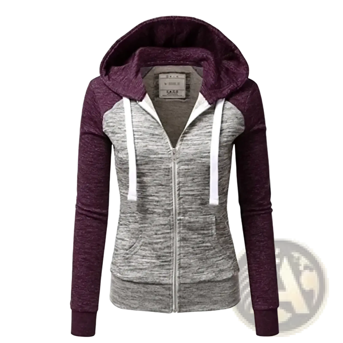 Women color block zip up hoodie in maroon and heather gray with white drawstrings and two-tone fabric design