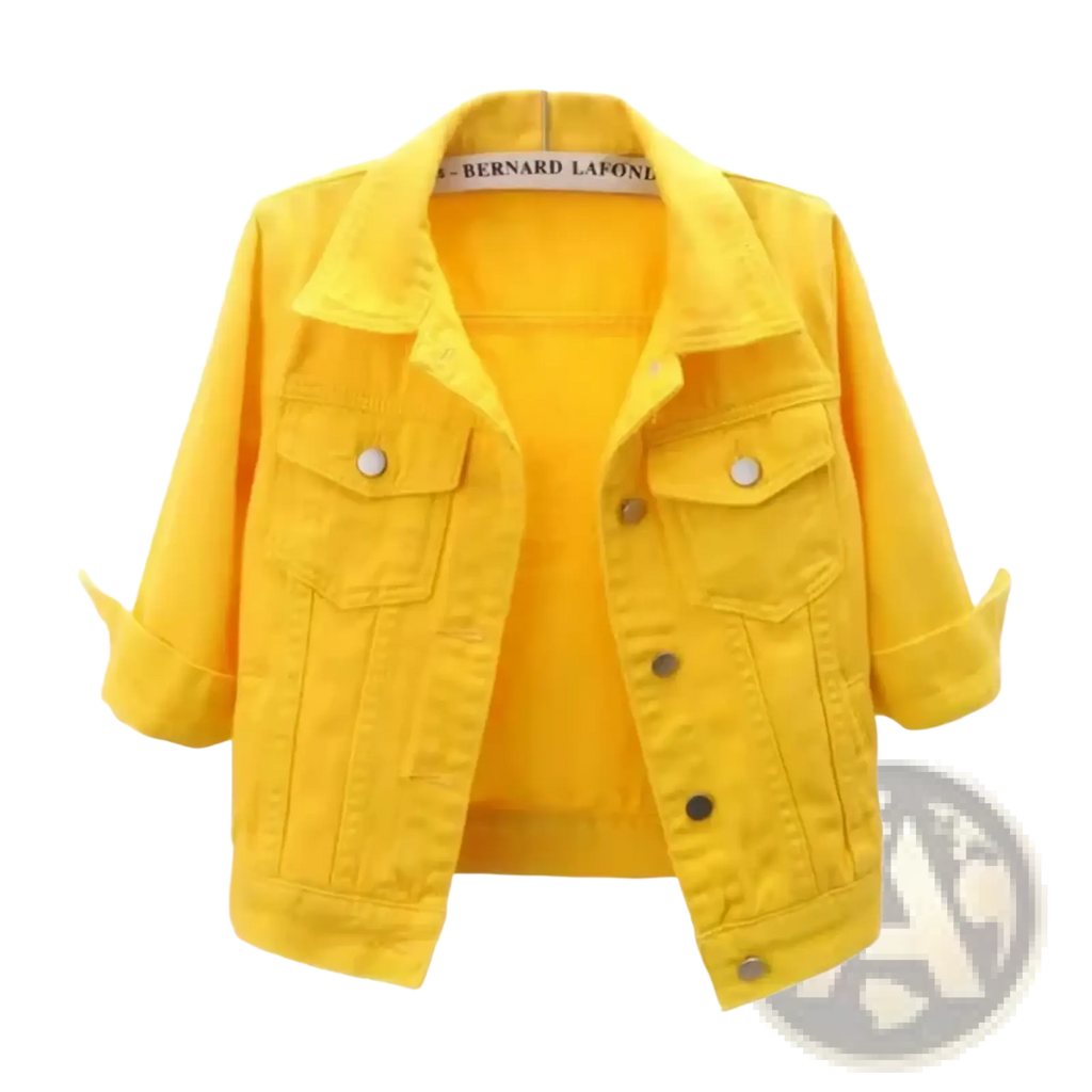 Bright yellow colorful denim jacket for women with rolled-up sleeves silver buttons casual short coat design