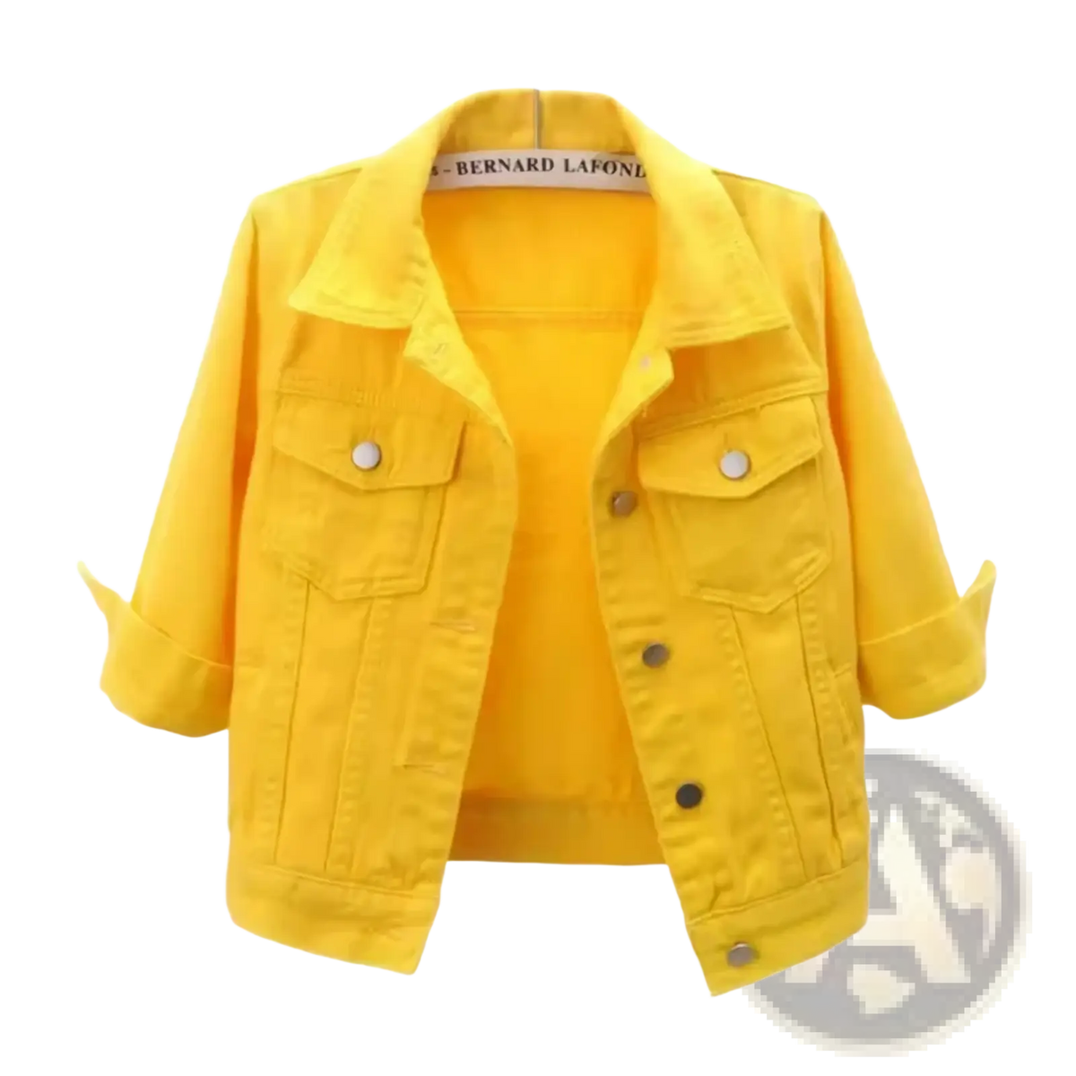 Bright yellow colorful denim jacket for women with rolled-up sleeves silver buttons casual short coat design