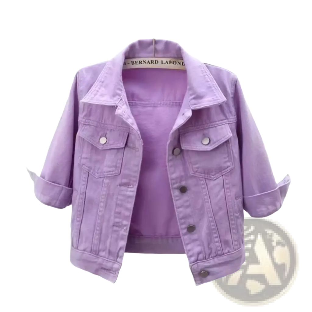 Lavender-colored denim jacket for women featuring a classic design with button closures and flap pockets
