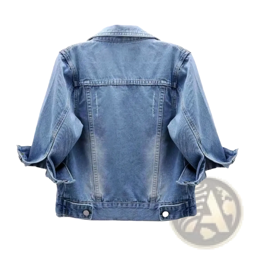 Light-wash denim jacket with rolled-up sleeves and classic collar casual short coat for women