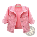 Women colorful denim jacket casual short coat in pink with rolled-up sleeves and silver buttons made of denim material