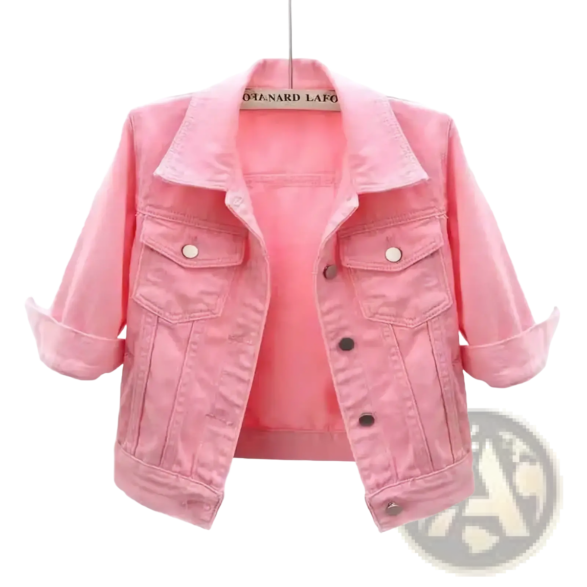 Women colorful denim jacket casual short coat in pink with rolled-up sleeves and silver buttons made of denim material