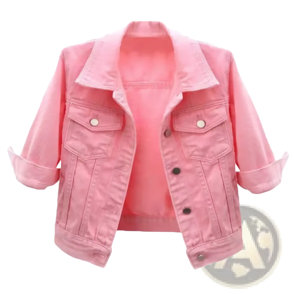 Women colorful denim jacket casual short coat in pink with rolled-up sleeves and silver buttons made of denim material