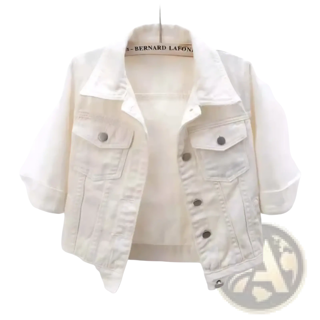 Women colorful white denim jacket casual short coat with classic collar button closures and two front pockets