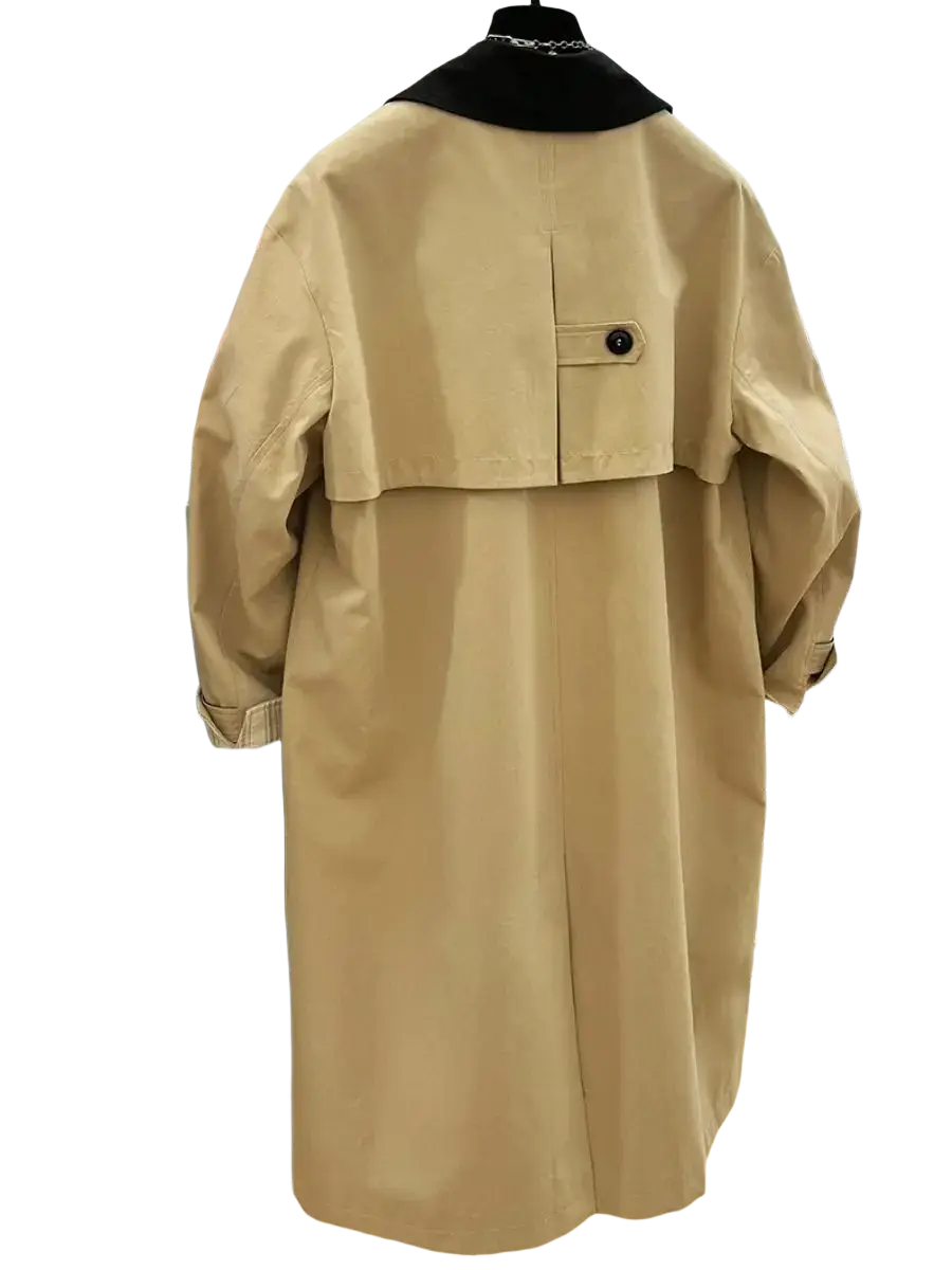 Beige women contrast lapel trench coat with black collar and single button shown from the back side