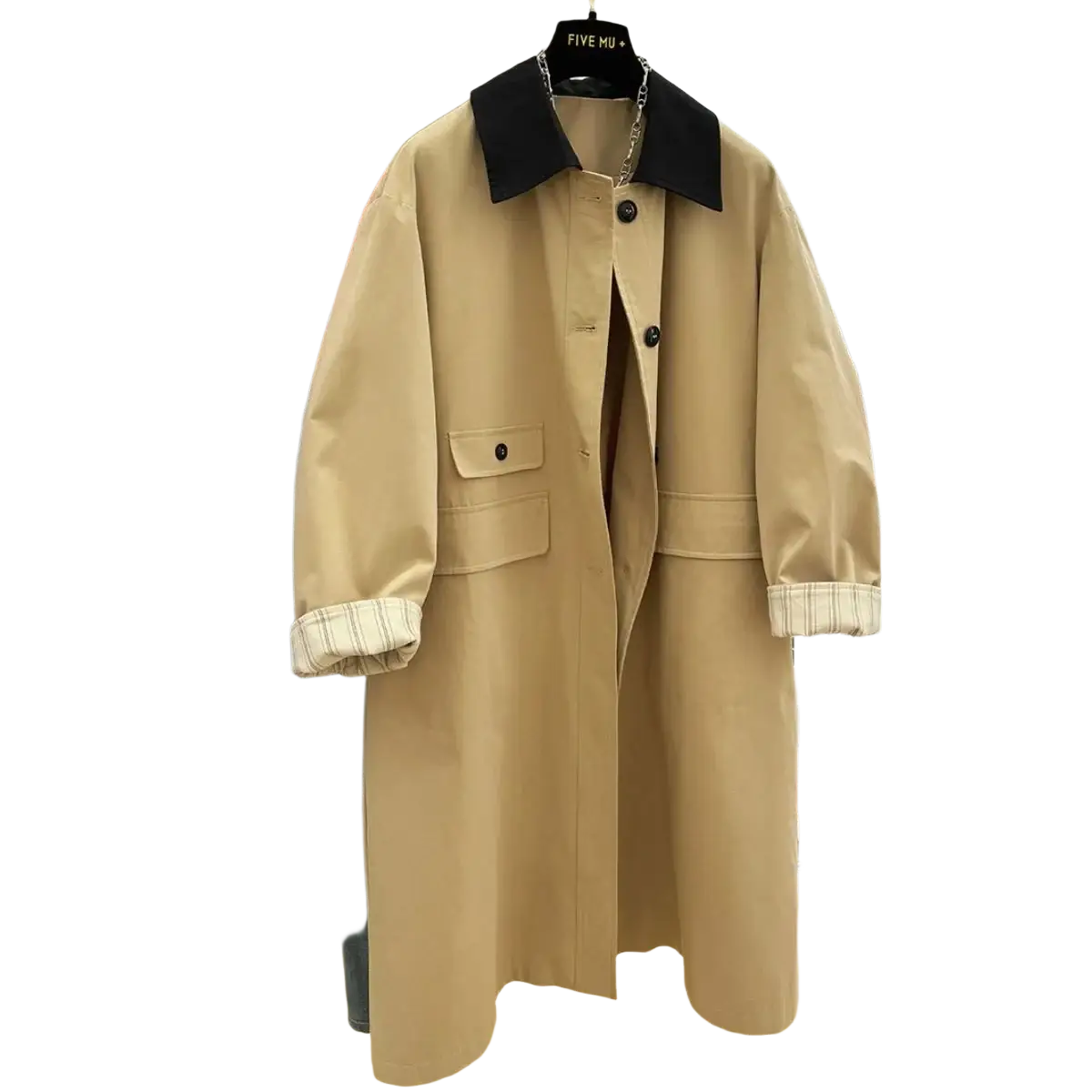 Beige women contrast lapel trench coat with black collar and plaid cuffs displayed on a hanger