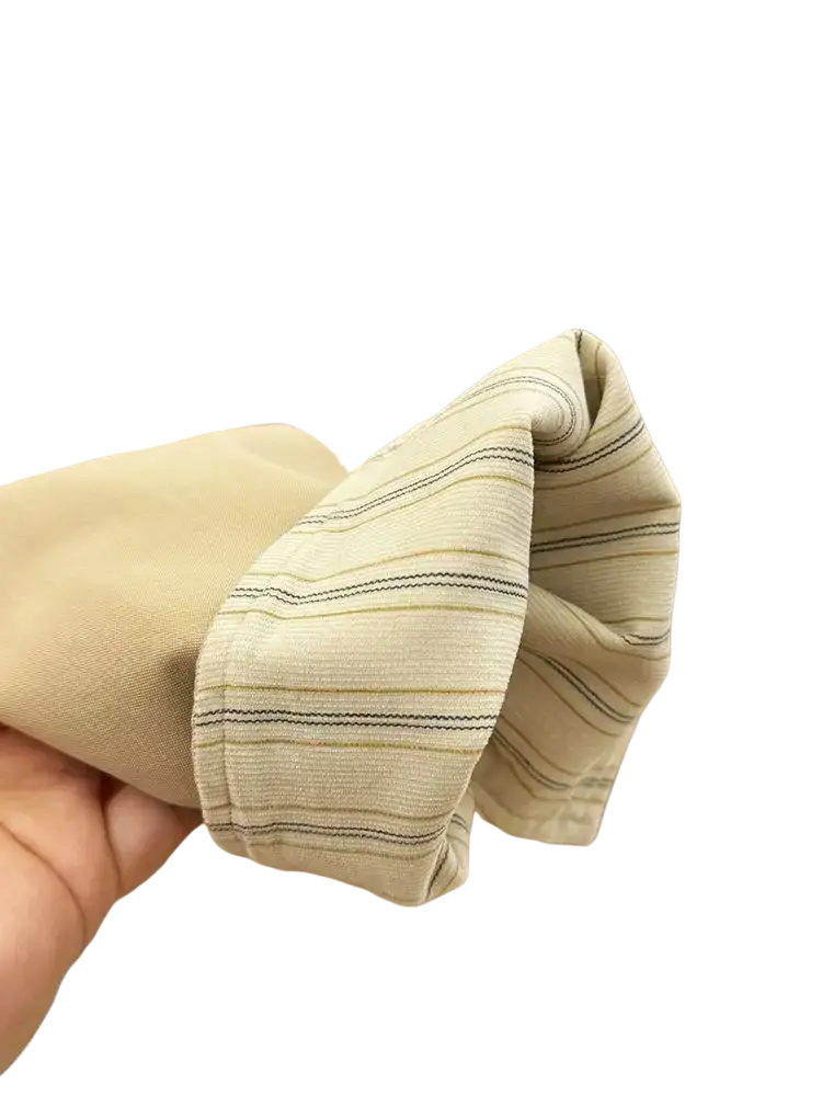 Women contrast lapel trench coat in beige with subtle horizontal stripes on the cuff for stylish outerwear