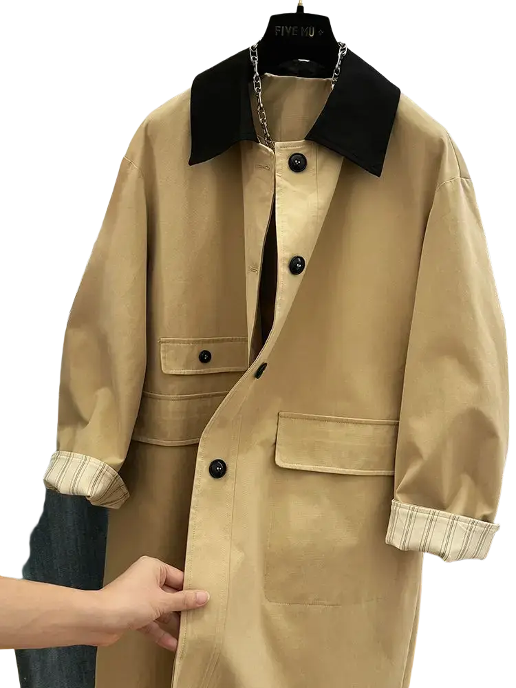 Women contrast lapel trench coat in beige with black collar, button details, and striped cuffs for stylish outerwear