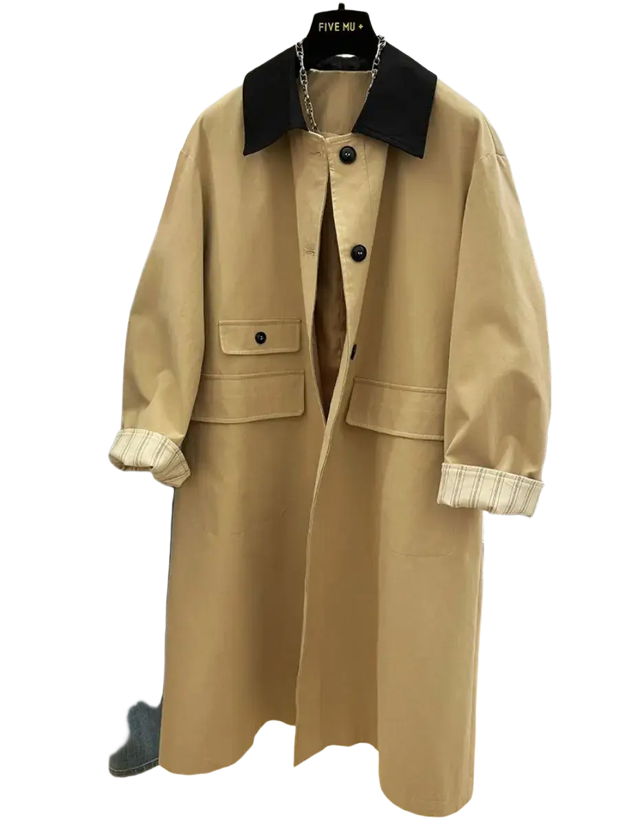 Beige women contrast lapel trench coat featuring a black collar and plaid cuff accents in a classic design