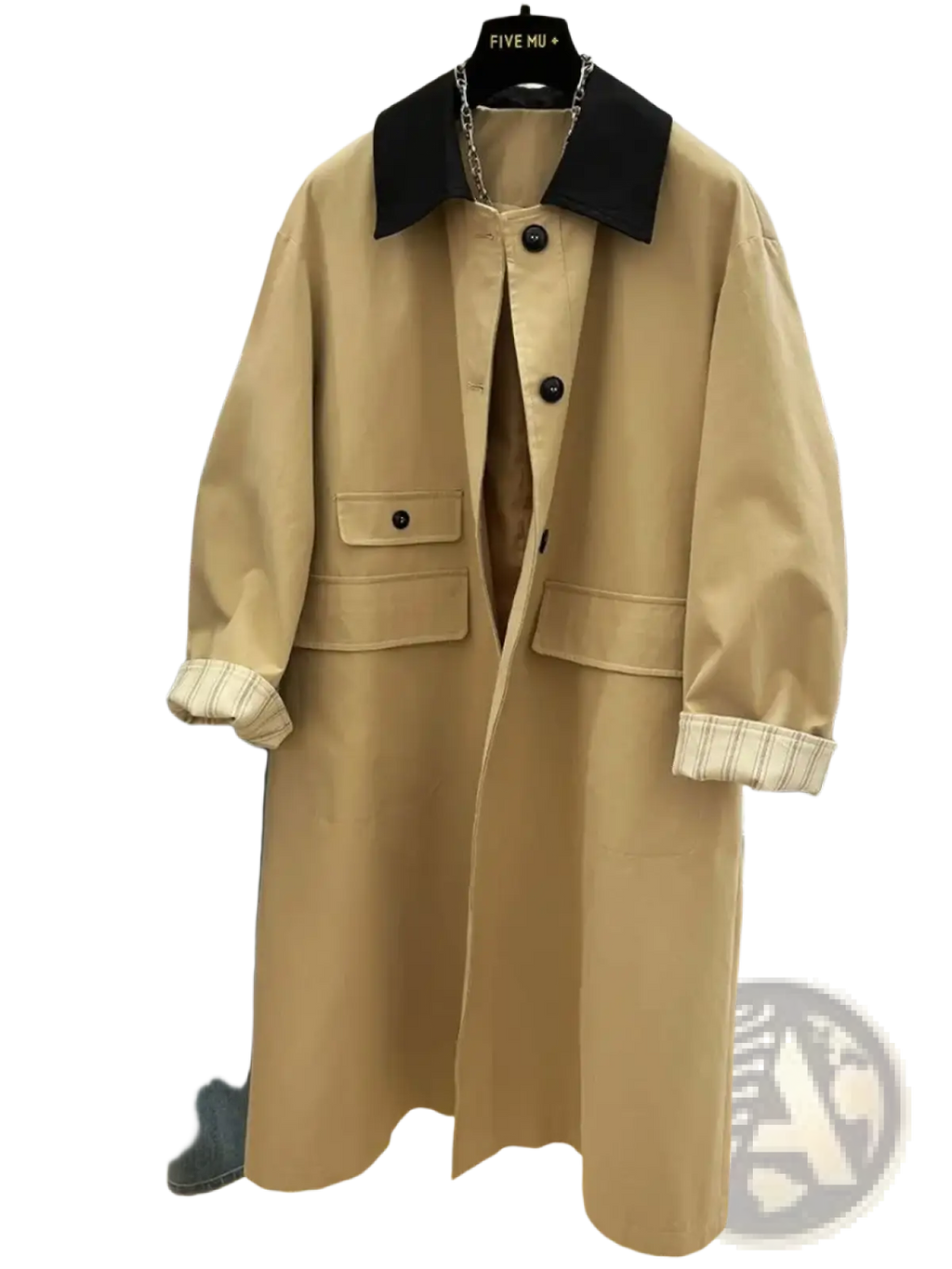 Beige women contrast lapel trench coat featuring a black collar and plaid cuff accents in a classic design