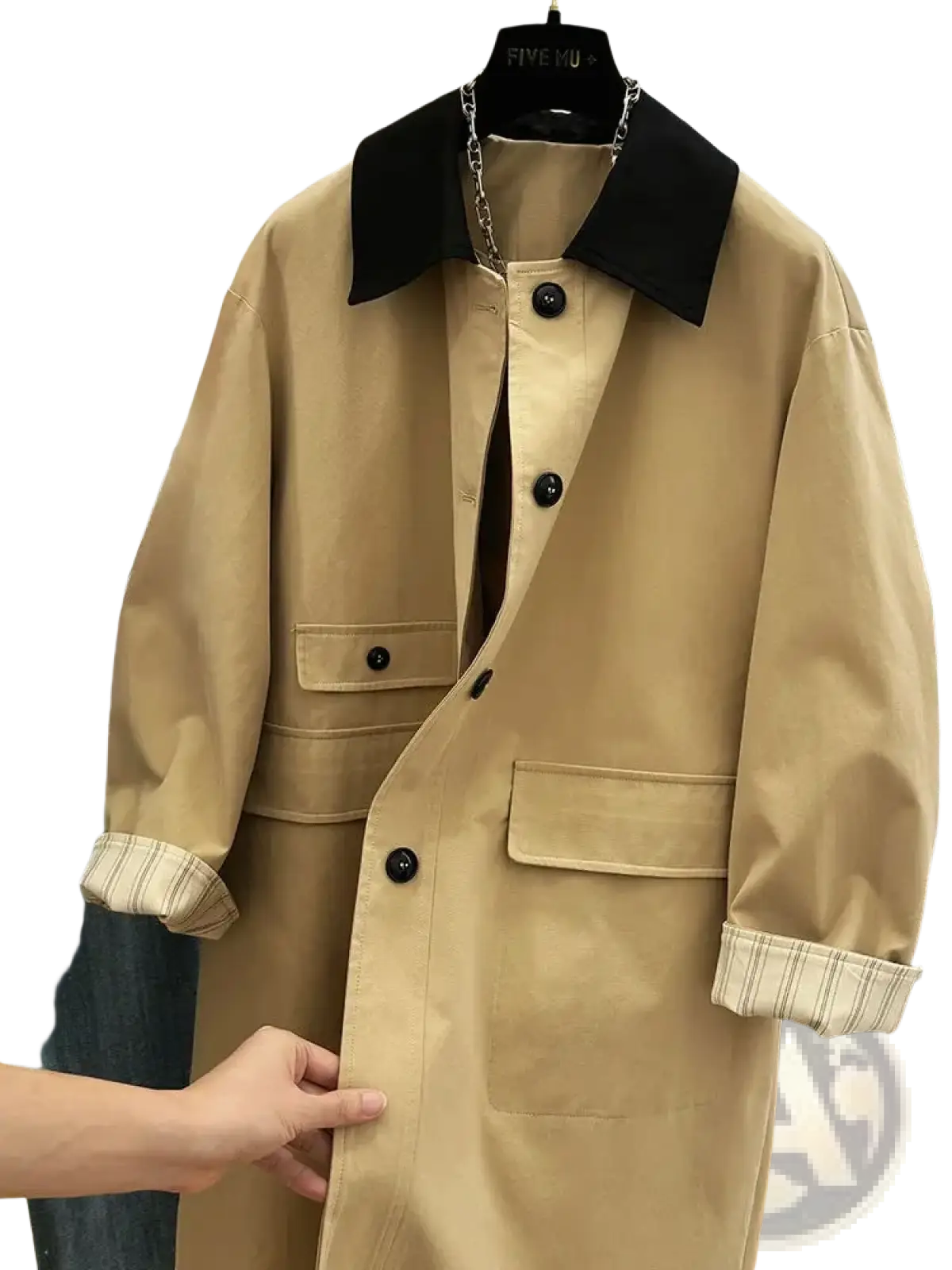 Women contrast lapel trench coat in beige with black collar, button details, and striped cuffs for stylish outerwear