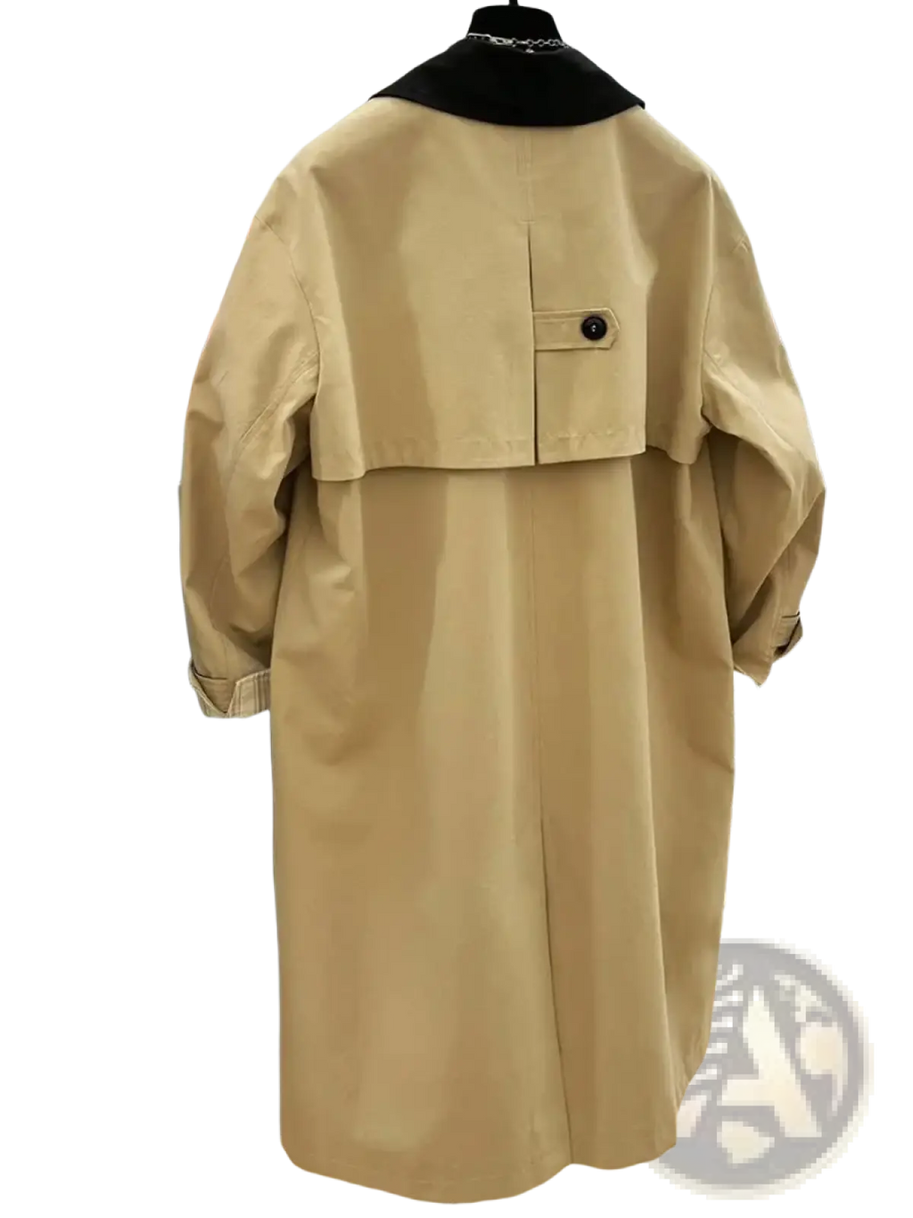 Beige women contrast lapel trench coat with black collar and single button shown from the back side