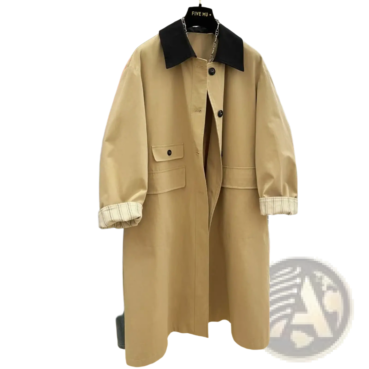 Beige women contrast lapel trench coat with black collar and plaid cuffs displayed on a hanger