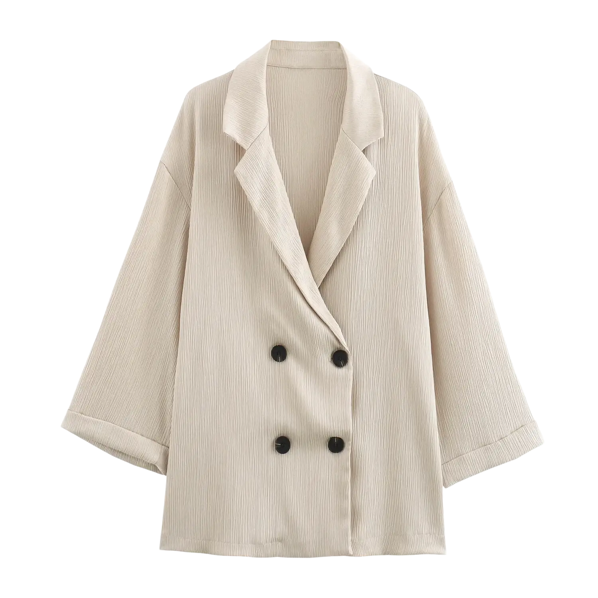 Beige corduroy double-breasted women blazer with black buttons from a corduroy pant suit set