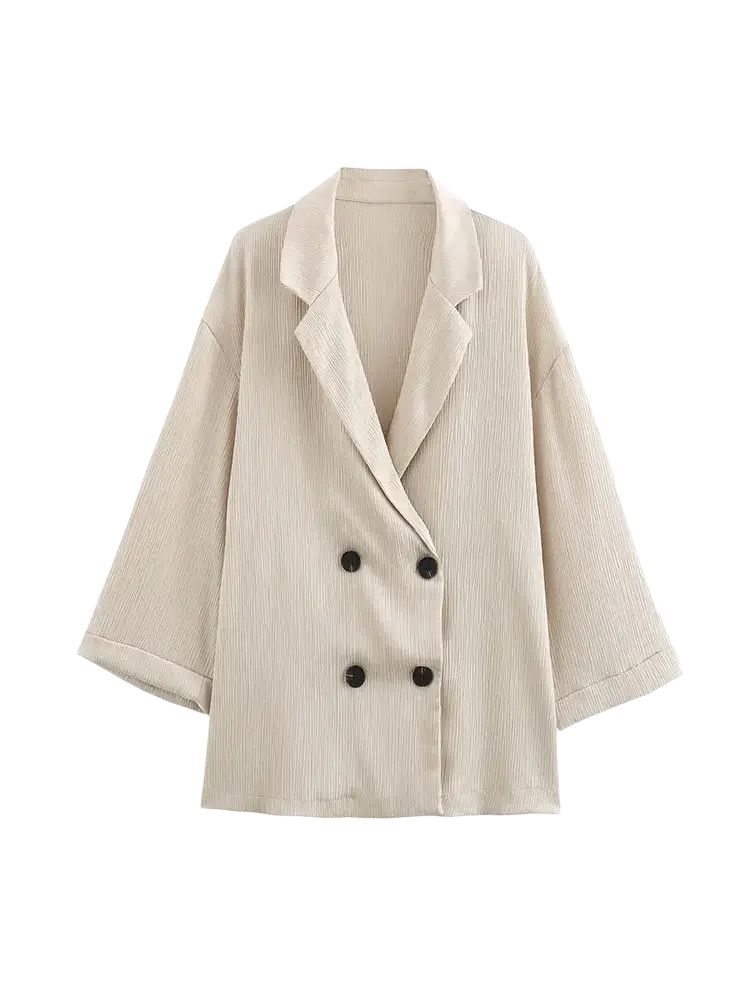 Beige corduroy double-breasted women blazer with black buttons and wide slightly flared sleeves from pant suit