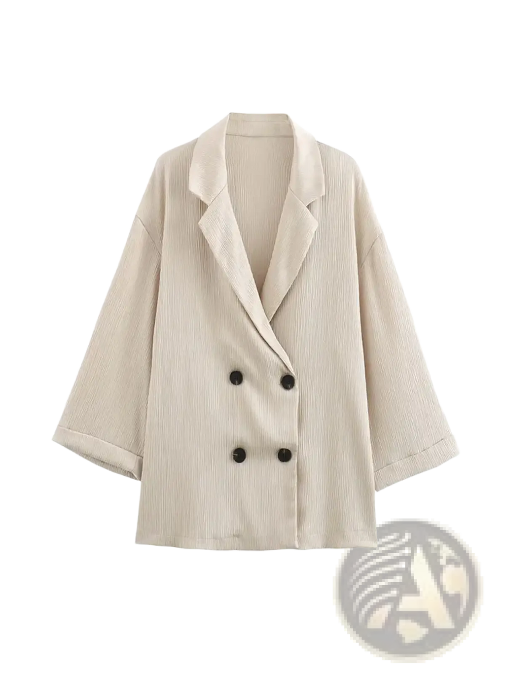 Beige corduroy double-breasted women blazer with black buttons and wide slightly flared sleeves from pant suit