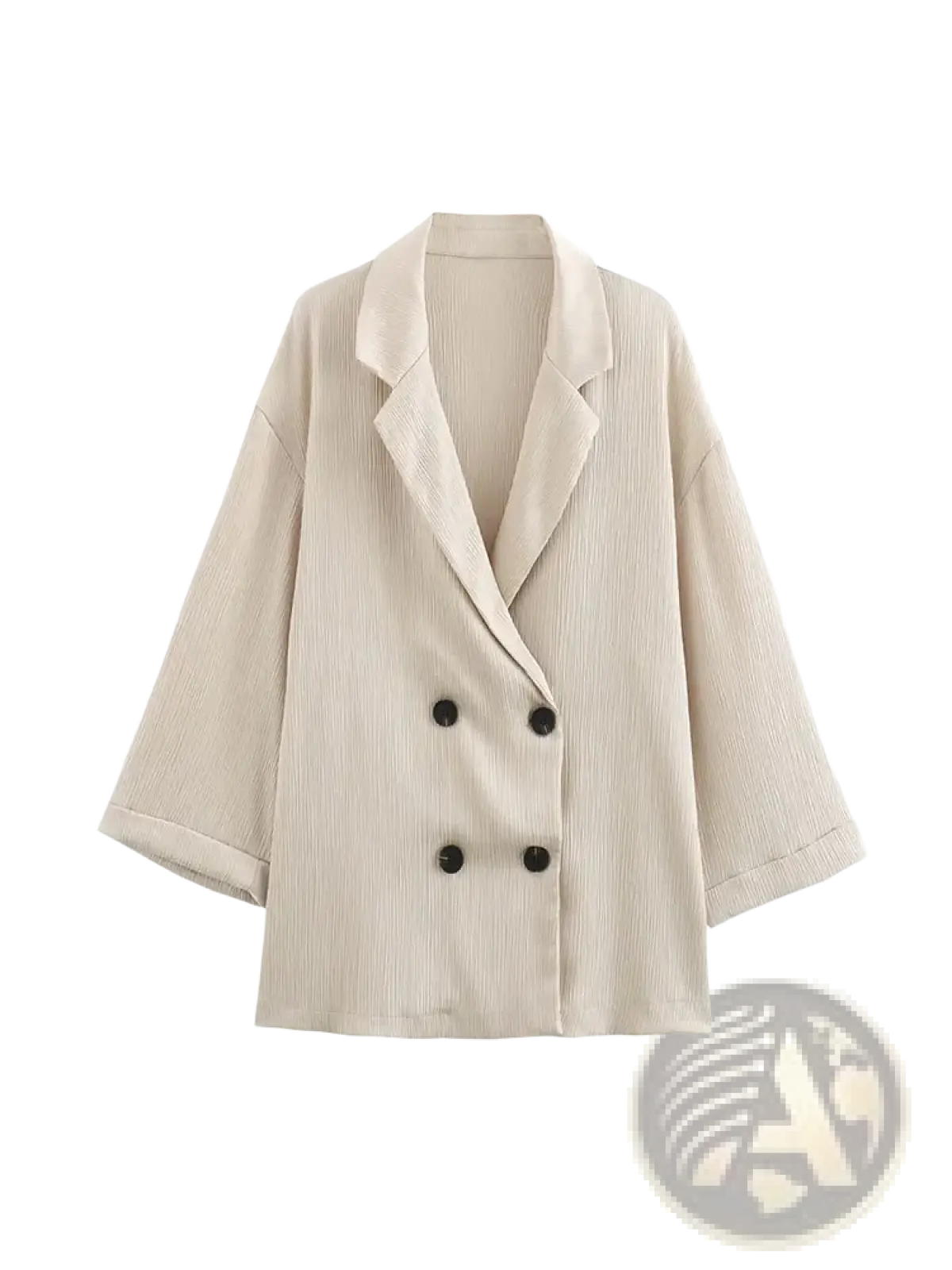 Beige corduroy double-breasted women blazer with black buttons and wide slightly flared sleeves from pant suit