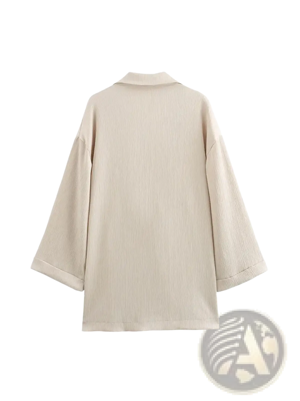 Beige ribbed cotton blouse with relaxed fit and three quarter length sleeves paired with women corduroy pant suit blazer
