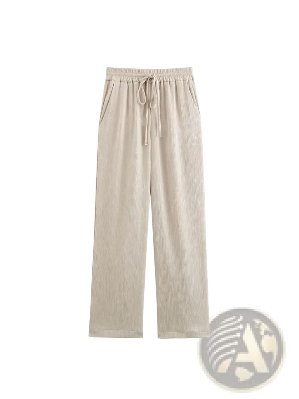 Beige ribbed cotton trousers with elastic waistband and drawstring paired with women corduroy pant suit blazer