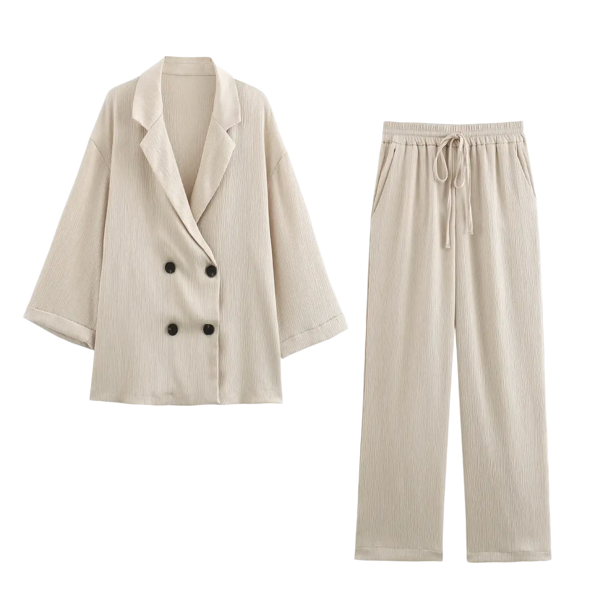 Beige ribbed cotton corduroy pant suit with double breasted blazer and matching wide-leg pants with black buttons