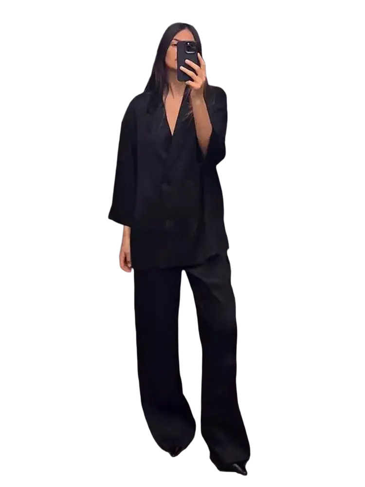 Black oversized double breasted corduroy blazer with wide sleeves for women in a pant suit set