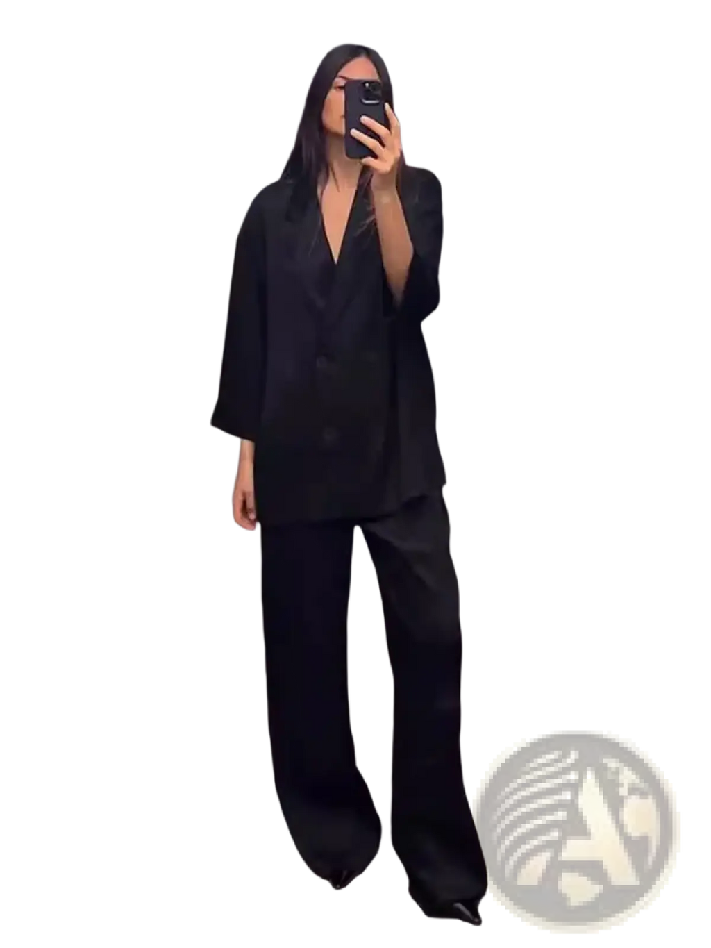 Black oversized double breasted corduroy blazer with wide sleeves for women in a pant suit set