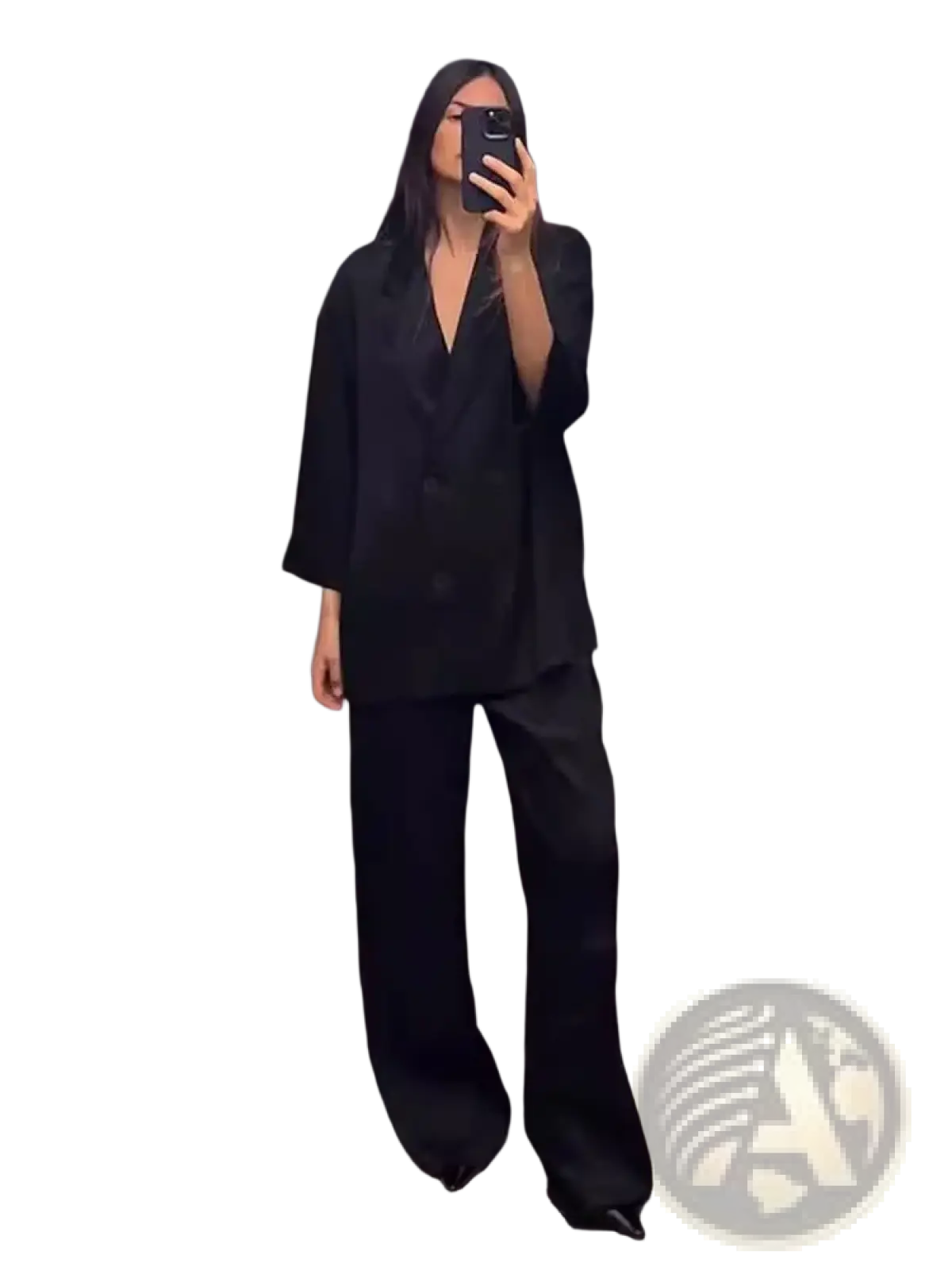 Black oversized double breasted corduroy blazer with wide sleeves for women in a pant suit set