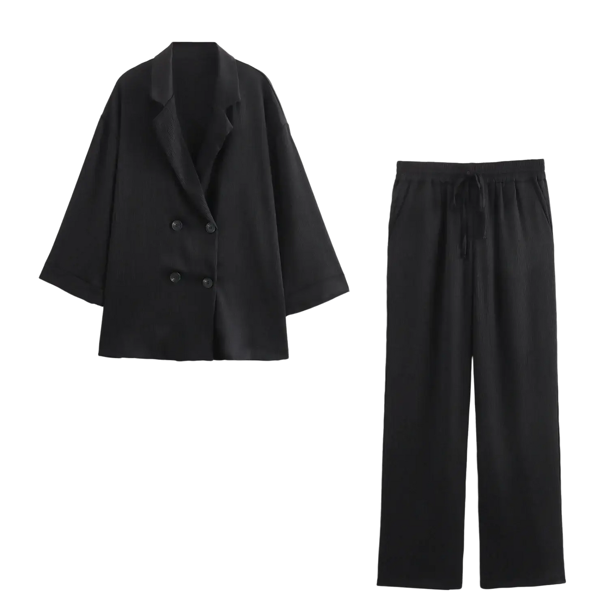 Black satin women corduroy pant suit with double breasted blazer and matching wide-leg drawstring pants