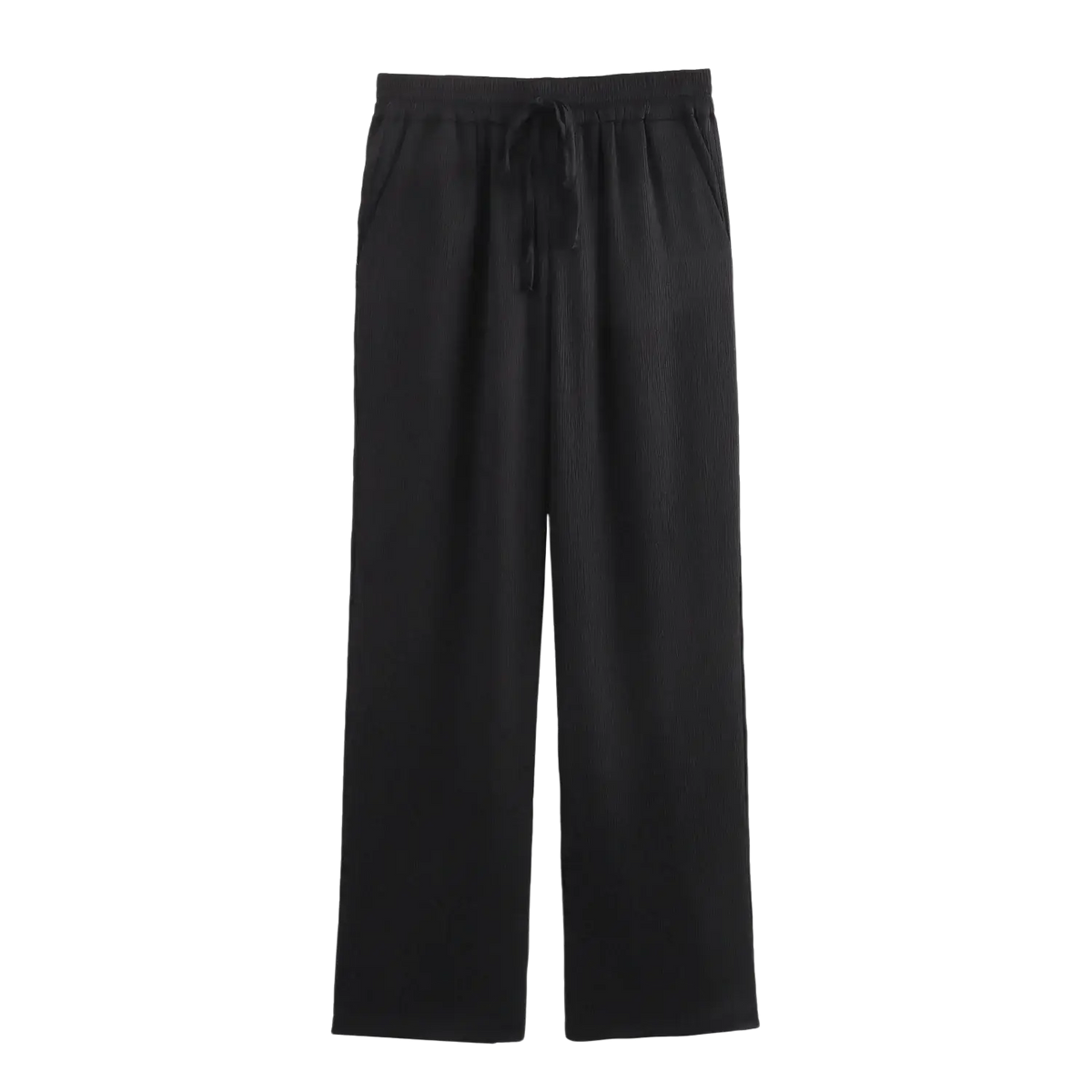 Black corduroy wide-leg trousers with drawstring waistband and subtle vertical ribbing for women pant suit blazer