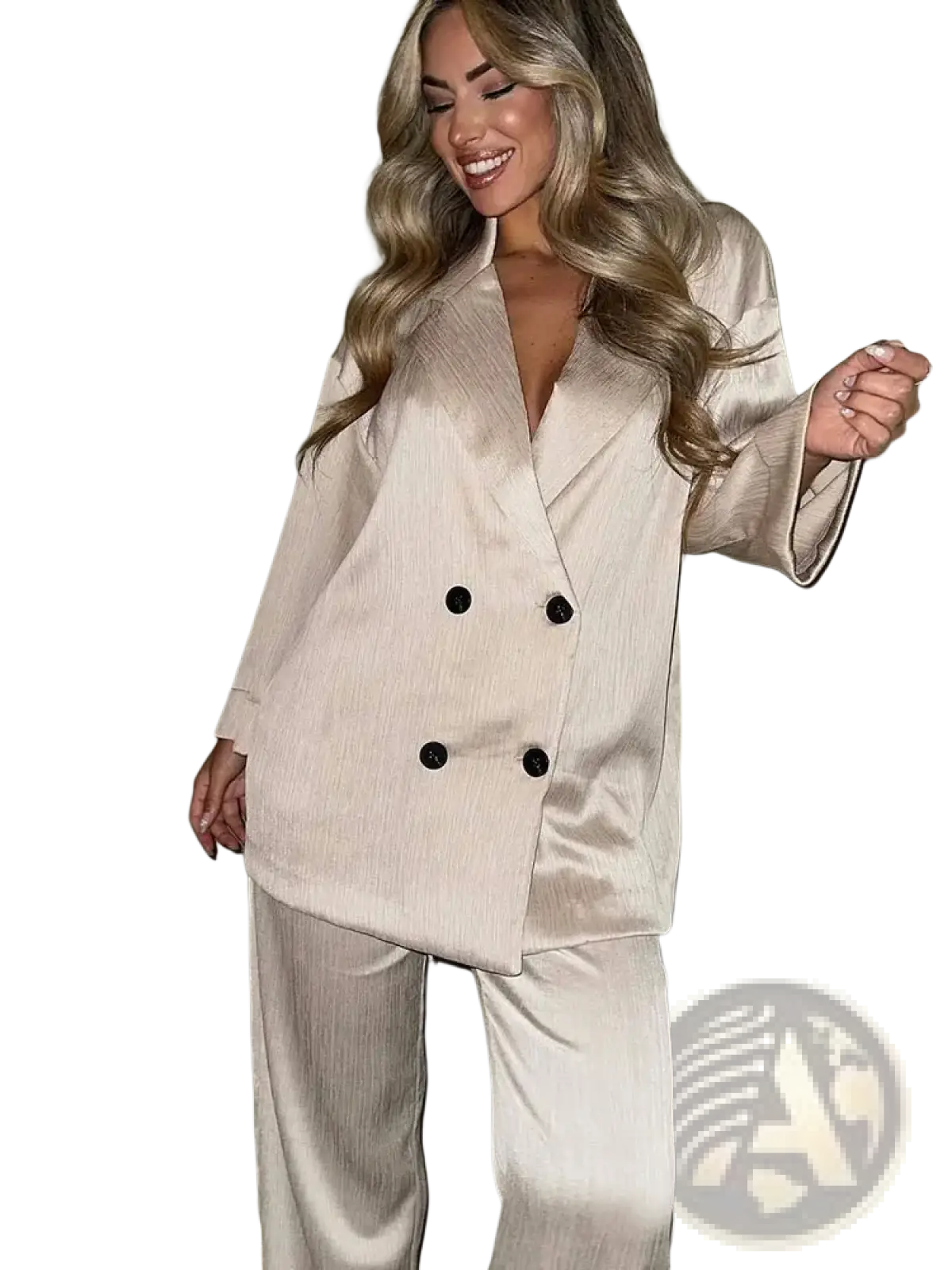 Women corduroy pant suit double breasted blazer in cream satin with black buttons and a tailored fit