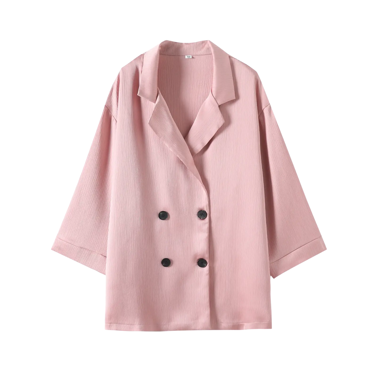 Women corduroy pant suit with a soft pink ribbed satin double-breasted blazer featuring black buttons