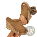 Tan suede women cork wedge sandals with open toe high heels and cork sole featuring metallic toe clasp